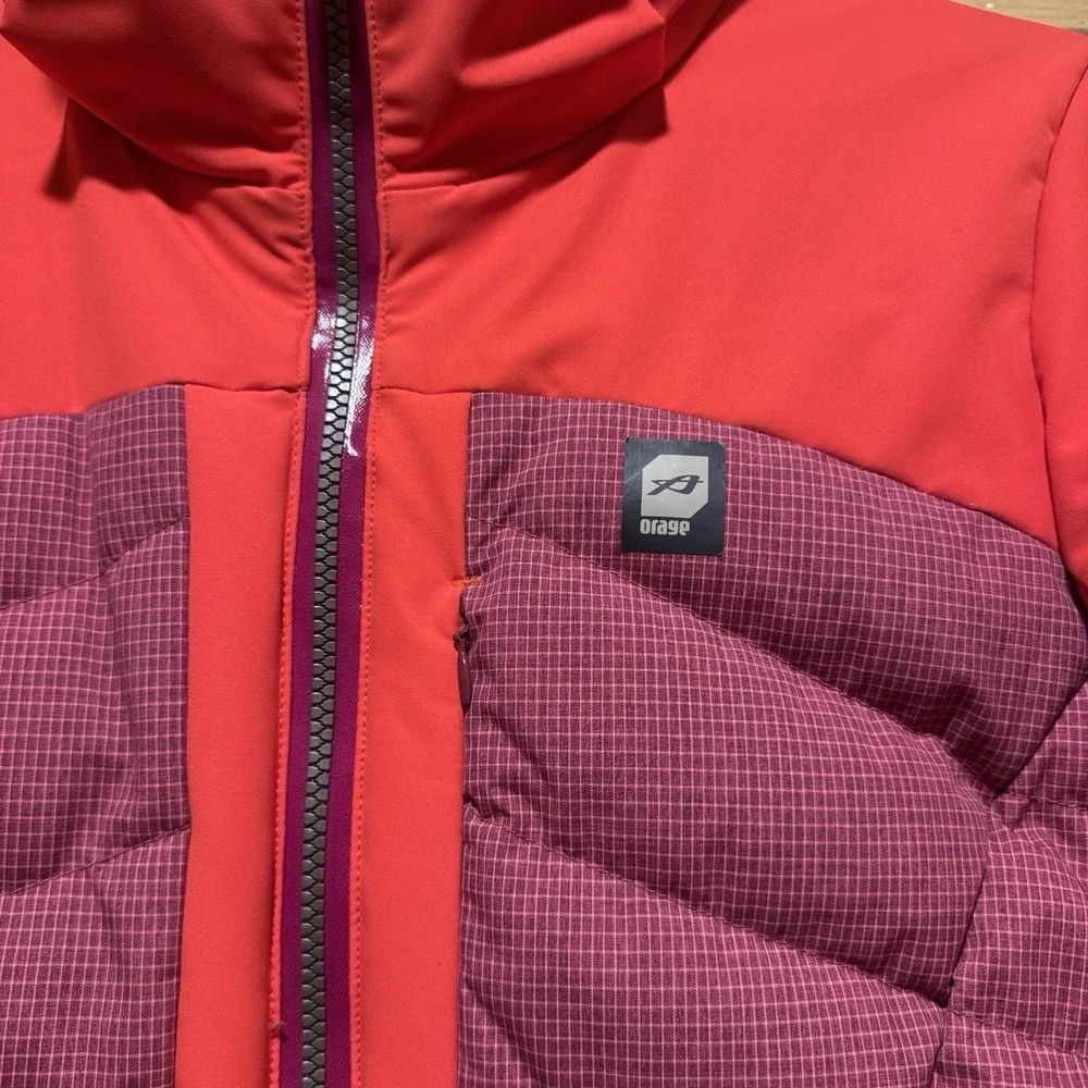 Orage Down Hooded Puffer Jacket Wmns Sm Red Pink &‎ Black Eyelet Zip Gorpcore
